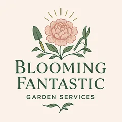 Blooming Fantastic Garden Services logo: a pink peony with a trowel and secateurs